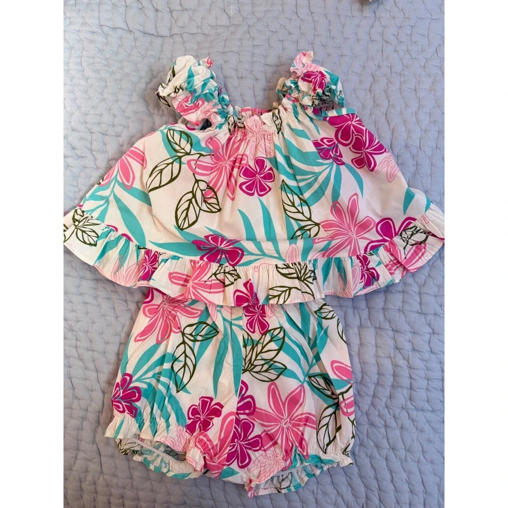 RJC Sportswear Hawaiian Floral Ruffle Top and Bloomers Set Pink Teal 18M